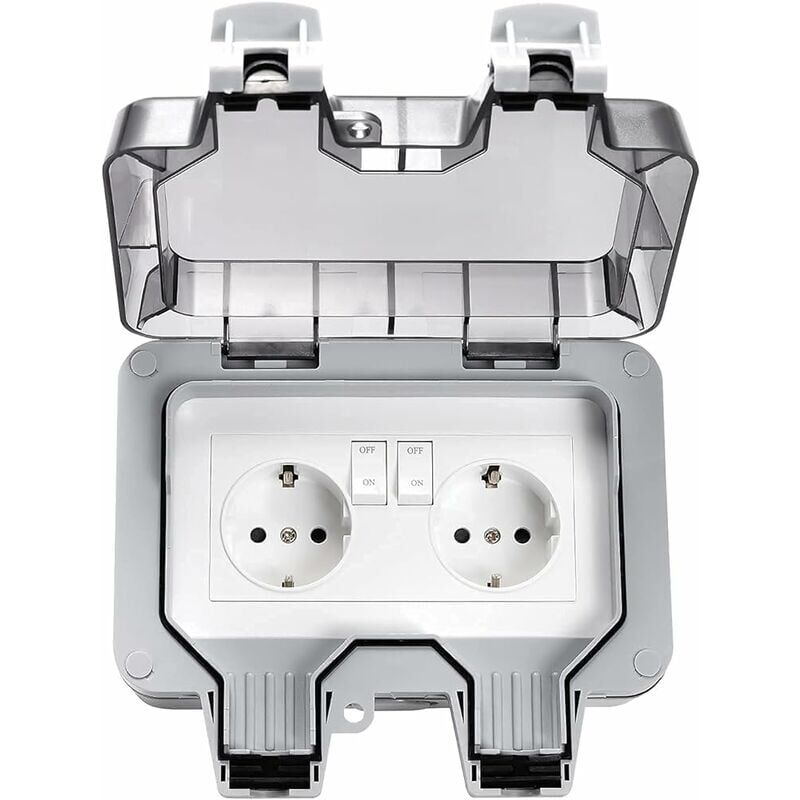 foto del prodotto prese esterne impermeabili crediri, doppia presa elettrica esterna ip66, prese a muro resistenti alle intemperie a 2 bande con coperture,