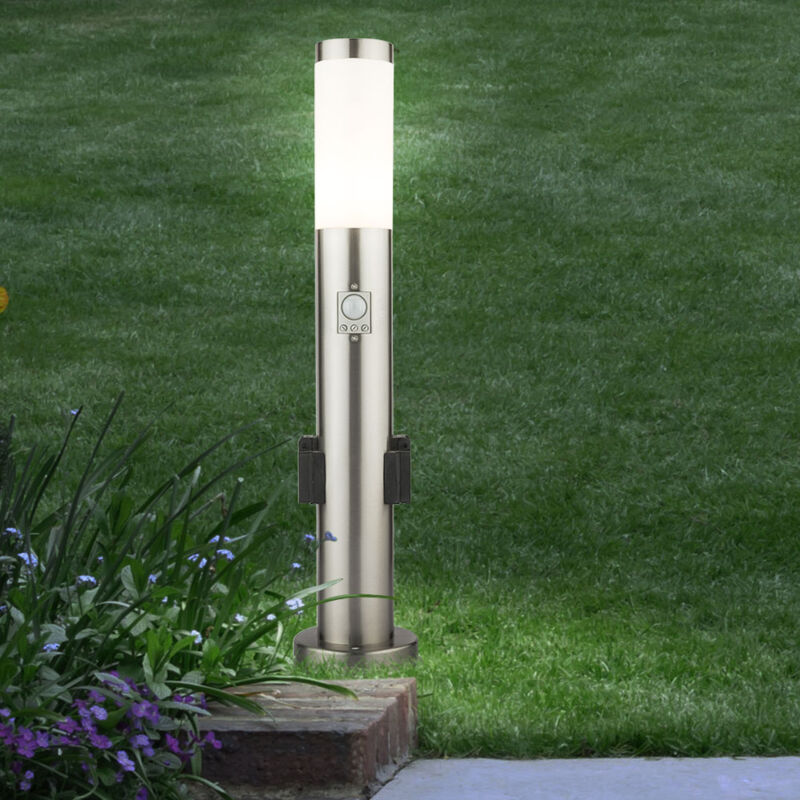 foto del prodotto prese per luce da esterno lampada da giardino a spina da giardino sensore di movimento in acciaio inossidabile spiedo a terra in un set con lampadine
