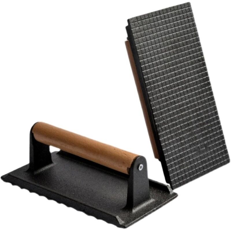 foto del prodotto pressa per griglia in ghisa, resistente pressa per bistecca antiaderente, griglia con manico in legno griglia per grigliare cottura interna ed
