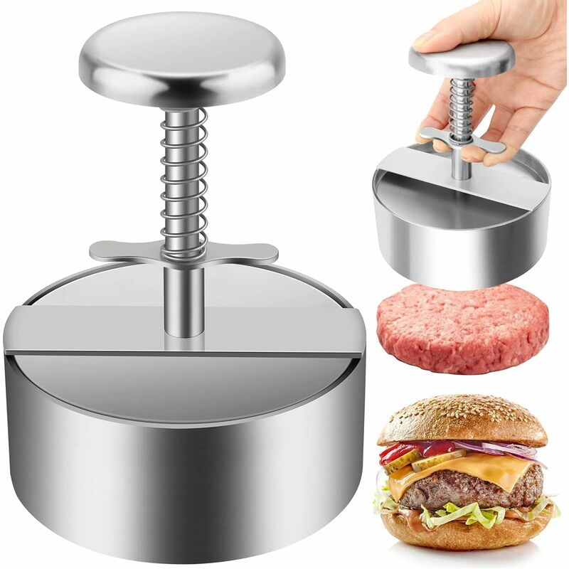 foto del prodotto pressa per hamburger, pressa per hamburger in acciaio inossidabile 304, pressa per hamburger con bistecca tagliata regolabile, facile da usare,