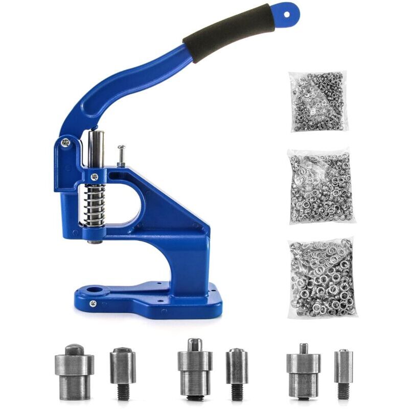 foto del prodotto pressa per occhielli, punzonatrice per occhielli pressa per occhielli con 3 matrici e 1500 occhielli, per tessuti in pelle