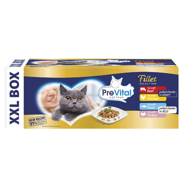foto del prodotto prevital cat food adult fillet selection multipack xxl box 48x85 gr multigusto 1 ordine scegli lo sconto bzr5 bzr20 200 punti fedelt 