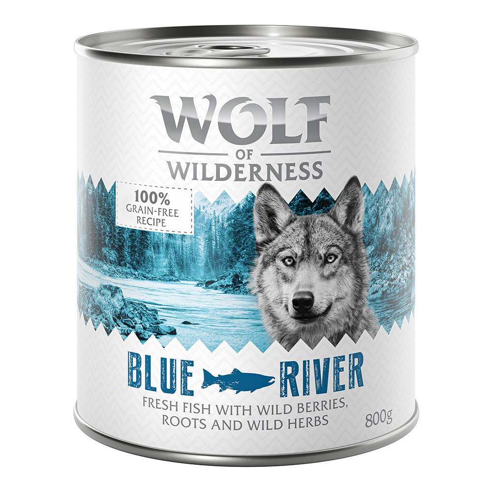 foto del prodotto prezzo speciale 6 x 800 g wolf of wilderness alimento umido per cani adult blue river pesce