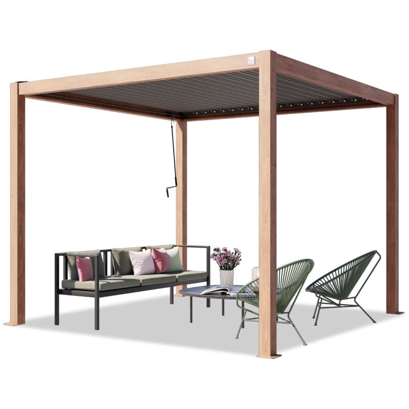 foto del prodotto primeyard pergola 3x3 m montanti in alluminio look legno con tetto a doghe in acciaio gazebo da giardino