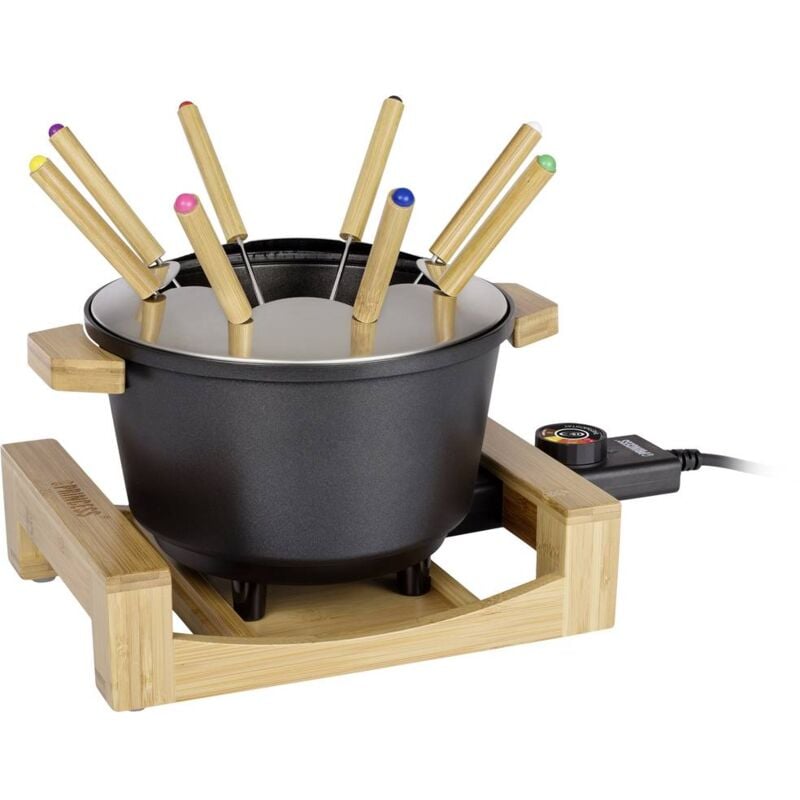 foto del prodotto princess fonduta pure nera, capacit 1,5 l, adatto fino a 8 persone, 8 forchette inclusi, supporto in bamb , rivestimento antiaderente, facile da
