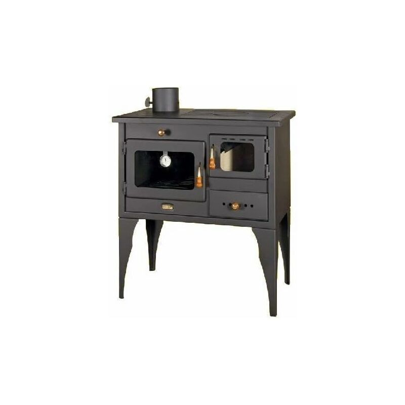 foto del prodotto prity stufa a legna. potenza termica di 10 kw. stufa a combustibile solido con forno. piastre riscaldanti in ferro. uscita fumo sinistra modello 