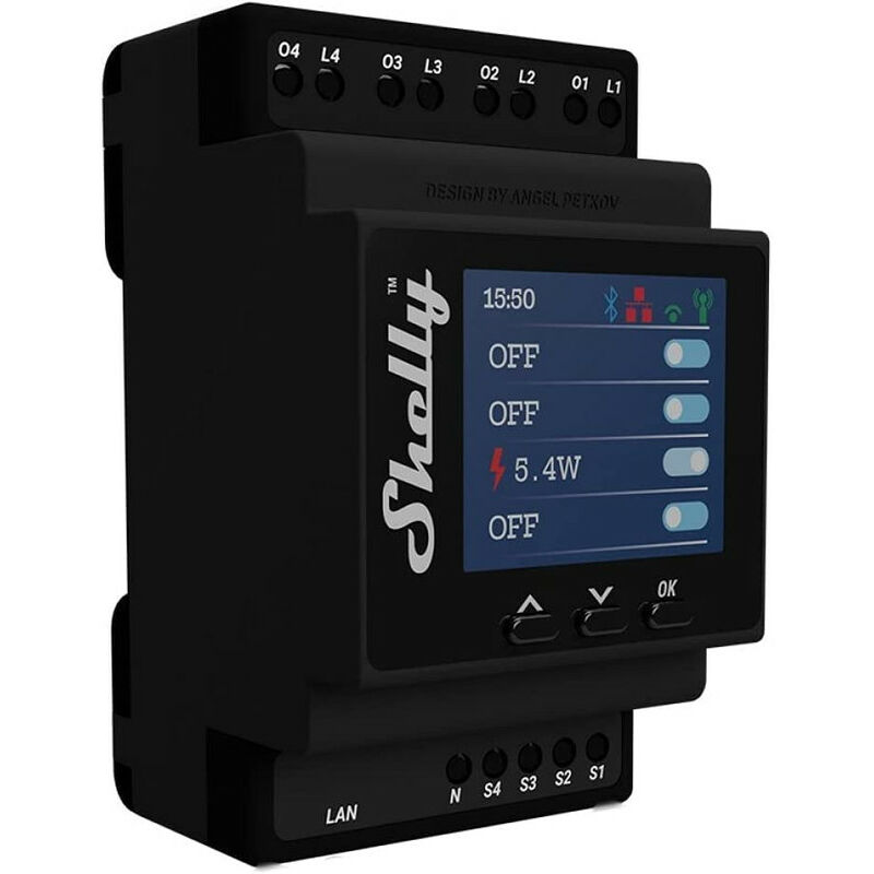 foto del prodotto pro 4pm interruttore professionale rel 4 contatti, wi fi per automazione domestica, comandi vocali amazon alexa, google home e mqtt, nero shelly