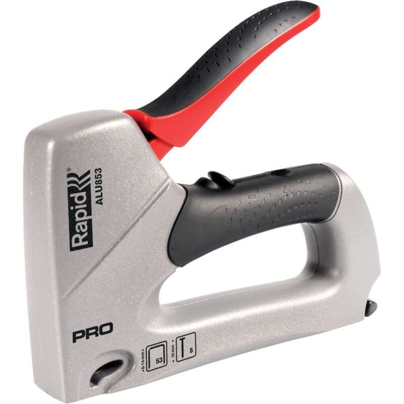 foto del prodotto pro alu853 graffatrice manuale 2-in-1 per graffette n. 53 e chiodini n.8, dotata di impugnatura ergonomica, parti interne in acciaio e regolatore di