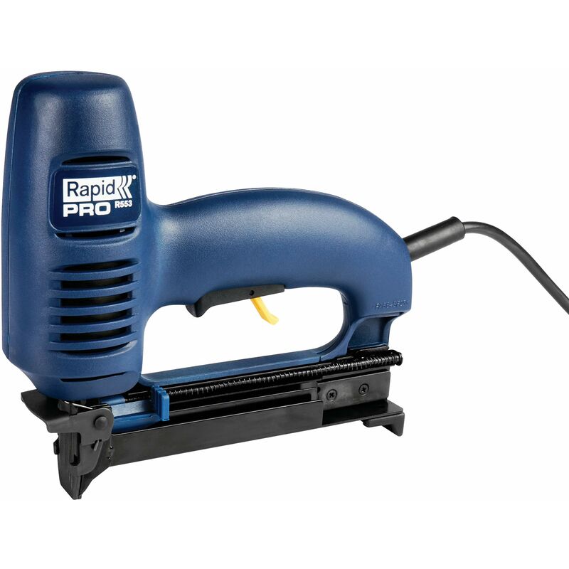 foto del prodotto pro r553 graffatrice elettrica per graffette n. 53 e chiodini n. 8, impatto regolabile e piastra frontale rimovibile, adatta al fissaggio di tessuti,