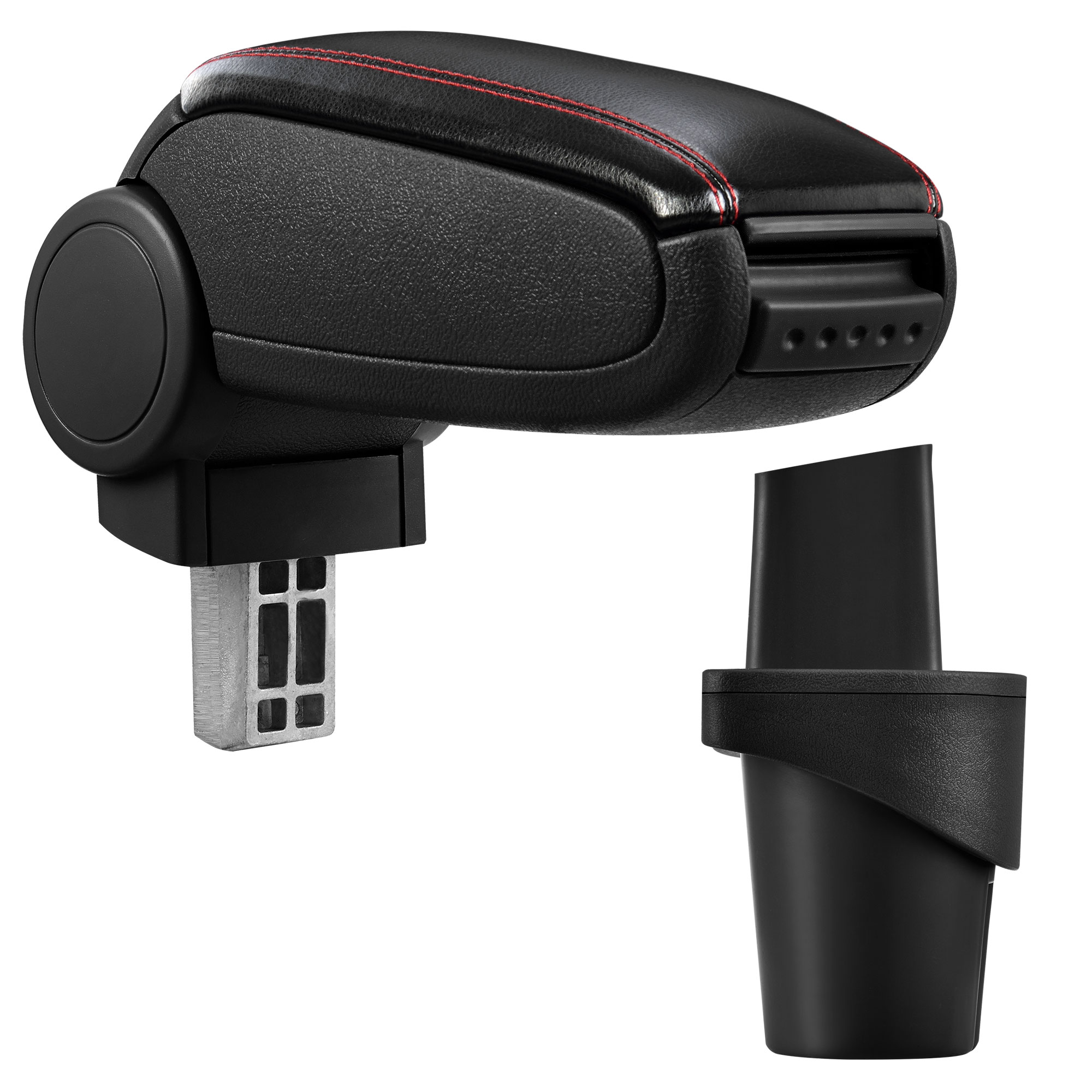 foto del prodotto pro.tec bracciolo centrale - poggiabraccio con vano portaoggetti - imbottito - in similpelle - nero con cucitura rossa