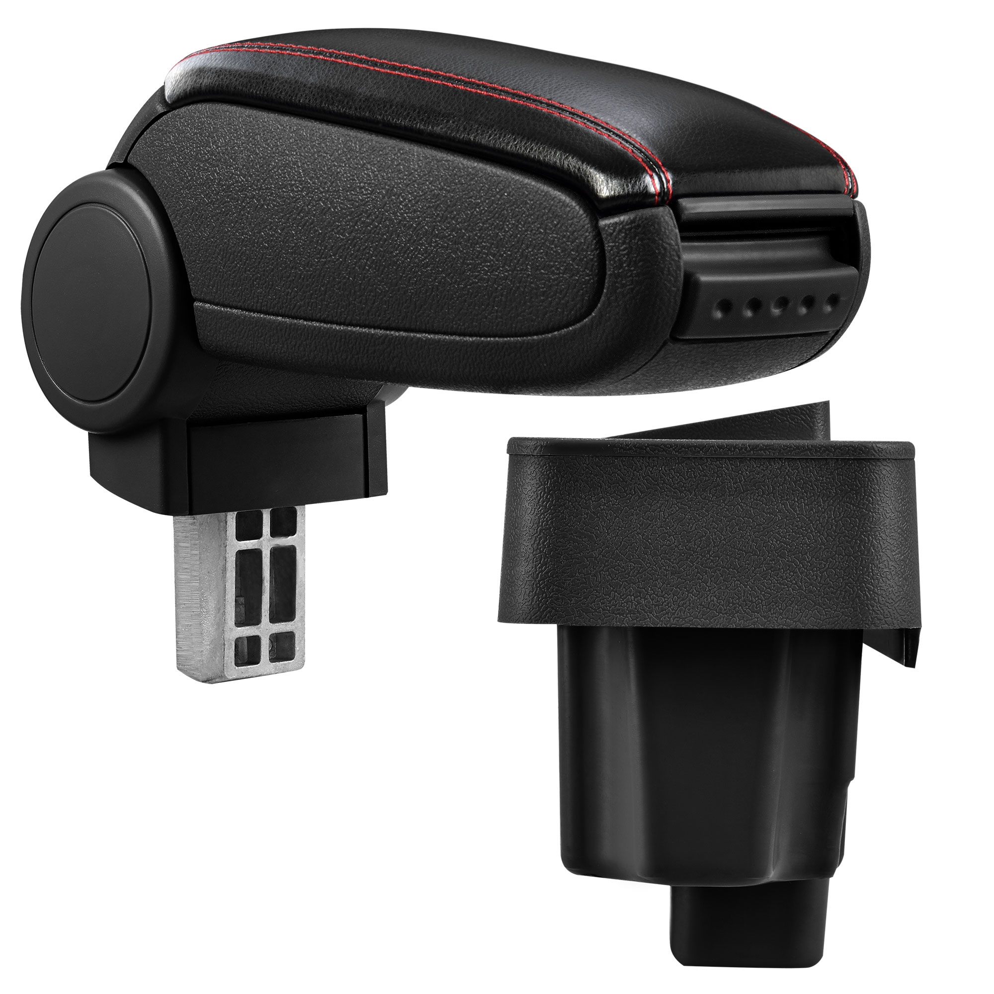 foto del prodotto pro.tec bracciolo centrale - poggiabraccio con vano portaoggetti - imbottito - in similpelle - nero con cucitura rossa