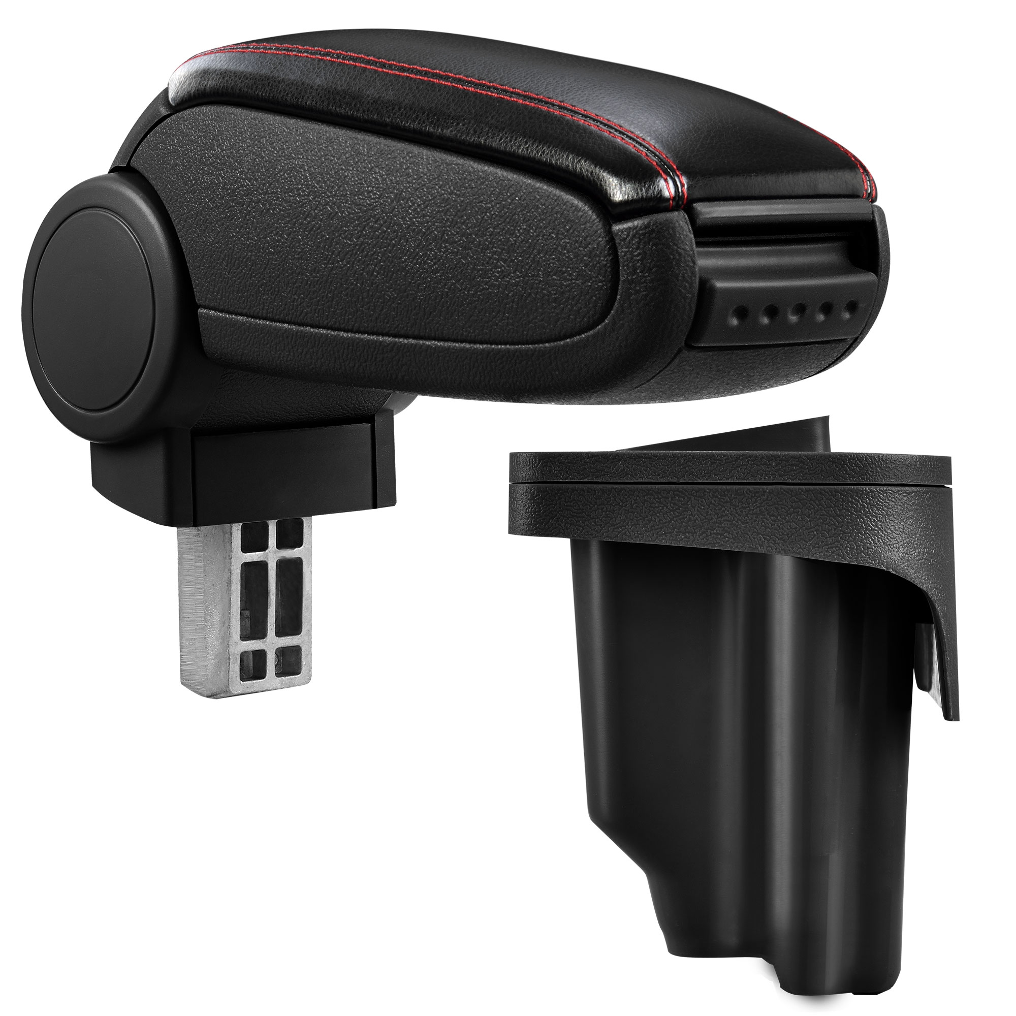 foto del prodotto pro.tec bracciolo centrale - poggiabraccio con vano portaoggetti - imbottito - in similpelle - nero con cucitura rossa