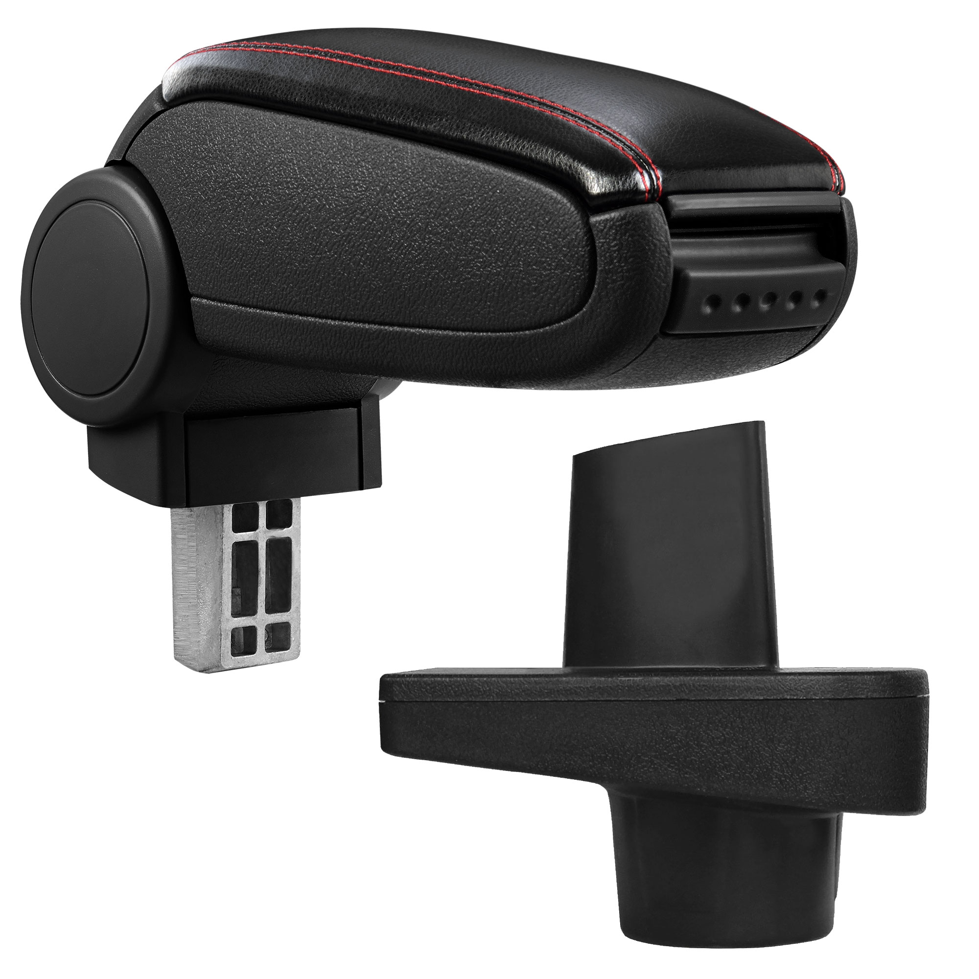 foto del prodotto pro.tec bracciolo centrale - poggiabraccio con vano portaoggetti - imbottito - in similpelle - nero con cucitura rossa