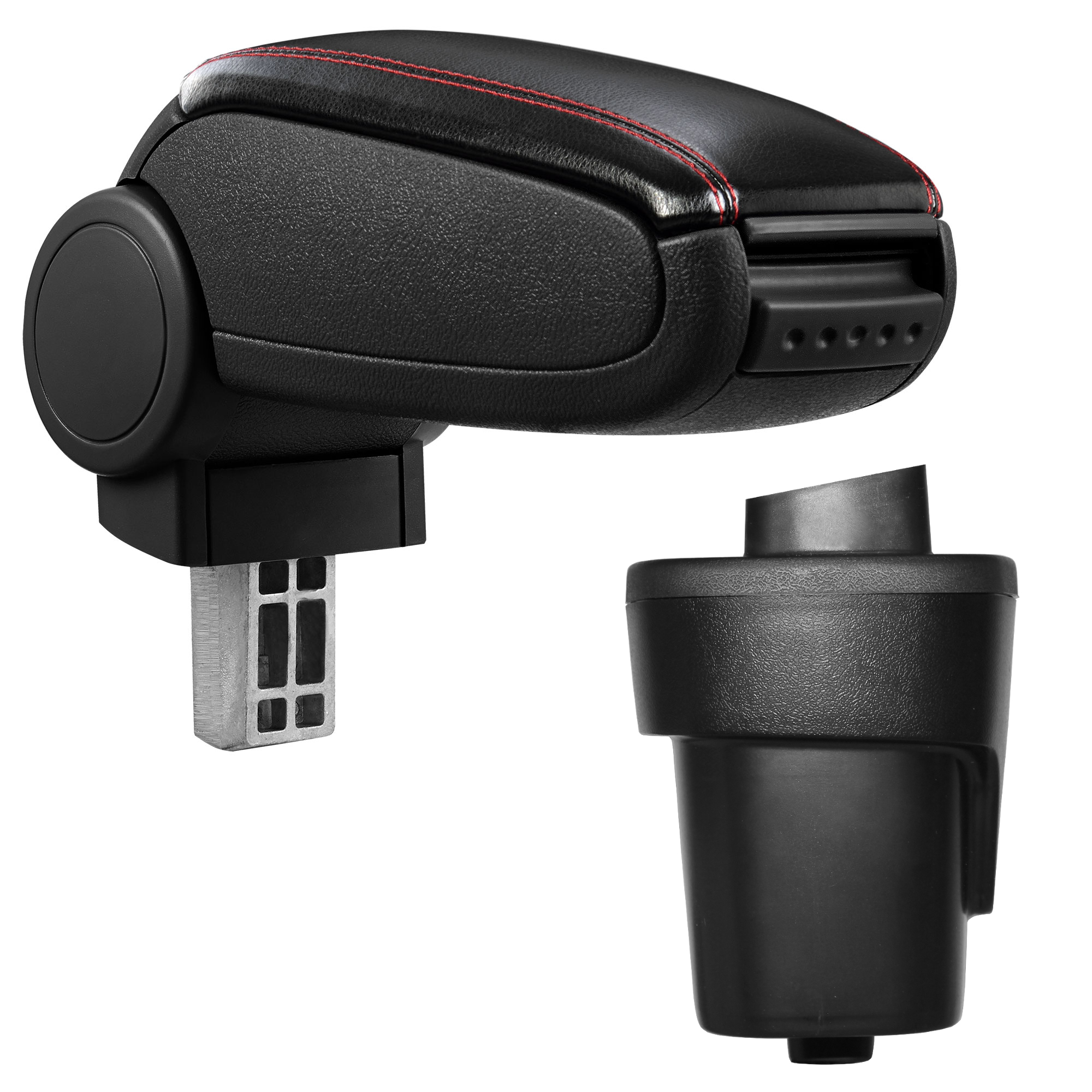 foto del prodotto pro.tec bracciolo centrale - poggiabraccio con vano portaoggetti - imbottito - in similpelle - nero con cucitura rossa