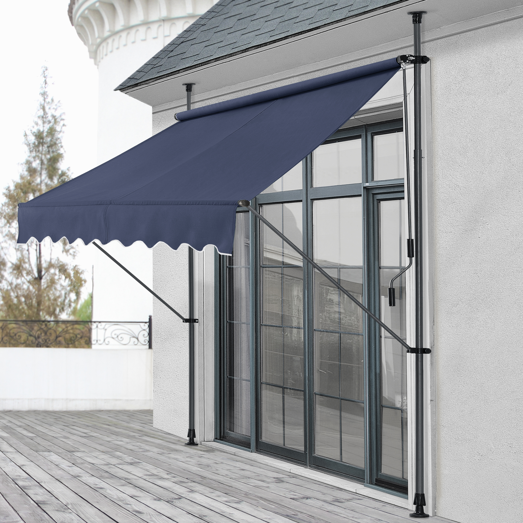 foto del prodotto pro.tec tenda da sole a muro con pali di supporto telescopici parasole 150 x 120 cm lxp blu scuro