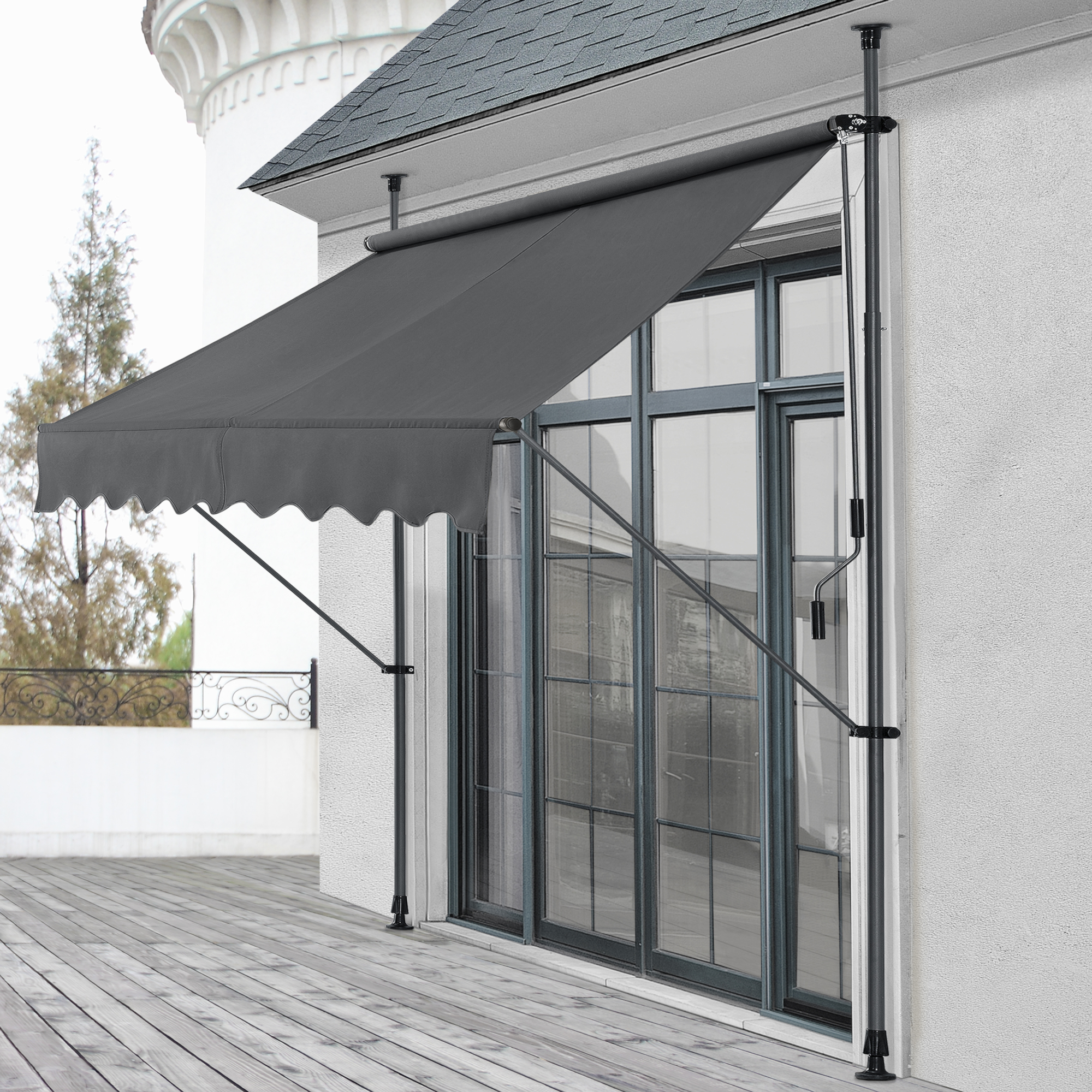 foto del prodotto pro.tec tenda da sole a muro con pali di supporto telescopici parasole 198 x 120 cm lxp grigio
