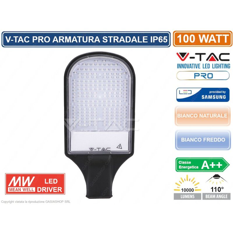 foto del prodotto pro vt 101st lampada stradale led 100w lampione smd chip samsung sku 535 536 ip65 meanwell colore luce bianco naturale v tac