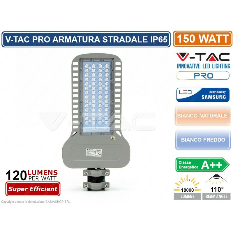 foto del prodotto pro vt 154st lampada stradale led 150w lampione smd chip samsung sku 21962 21963 ip65 colore luce bianco naturale v tac
