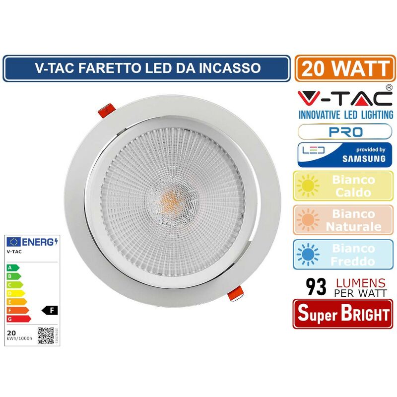foto del prodotto pro vt 2 20 faretto led da incasso rotondo 20w cob chip samsung sku 21842 21843 21844 colore luce bianco naturale v tac