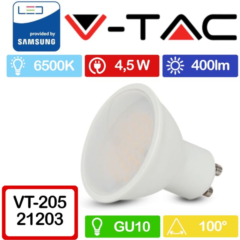 foto del prodotto pro vt-205 faretto led gu10 con chip samsung 4,5w 100 copertura satinata bianco freddo - 6400k - v-tac