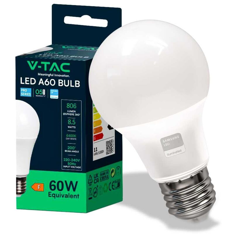 foto del prodotto pro vt 210 lampadina led chip samsung smd 8.5w e27 a60 bianco caldo 3000k sku 21228 v tac