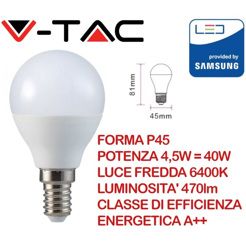 foto del prodotto pro vt 225 lampadina led chip samsung e14 4,5w a p45 bianco freddo 6400k v tac