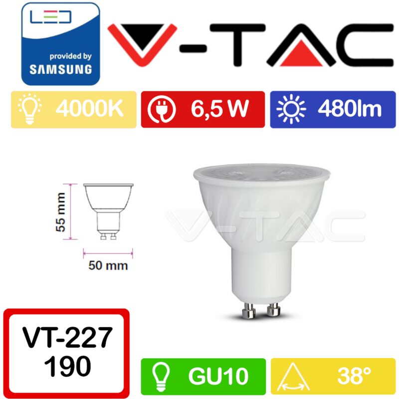 foto del prodotto pro vt 227 faretto led gu10 con chip samsung 6,5w 38 copertura trasparente bianco naturale 4000k v tac