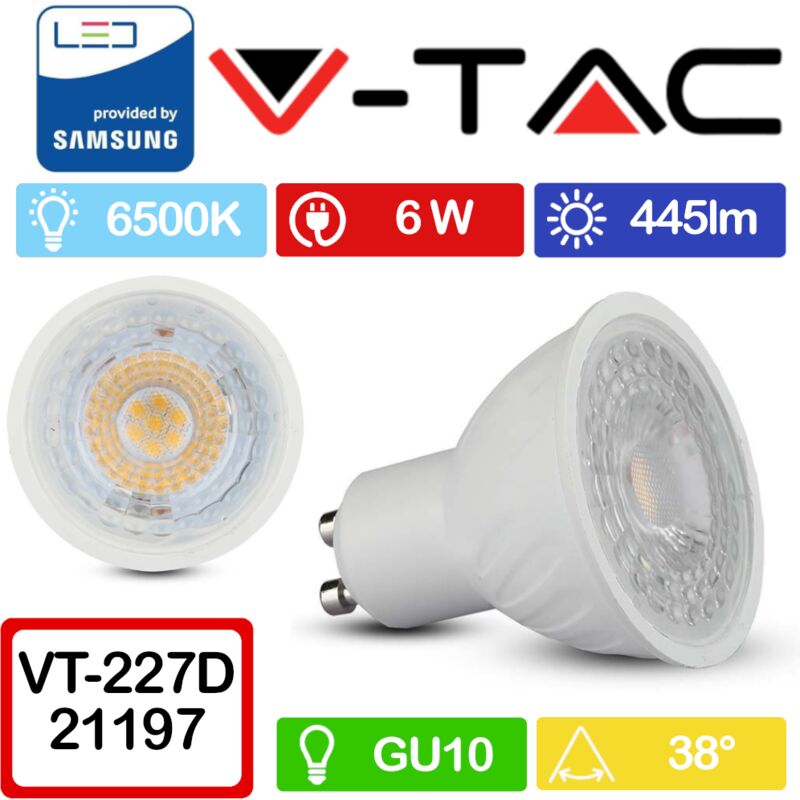 foto del prodotto pro vt 227d faretto led gu10 con chip samsung 6w 38 dimmerabile bianco freddo 6500k v tac