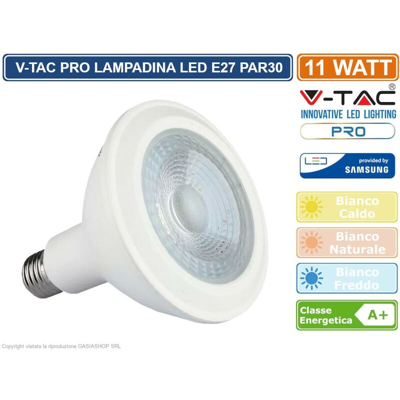 foto del prodotto pro vt 230 lampadina led e27 11w bulb par lamp par30 chip samsung sku 153 154 155 colore luce bianco freddo v tac