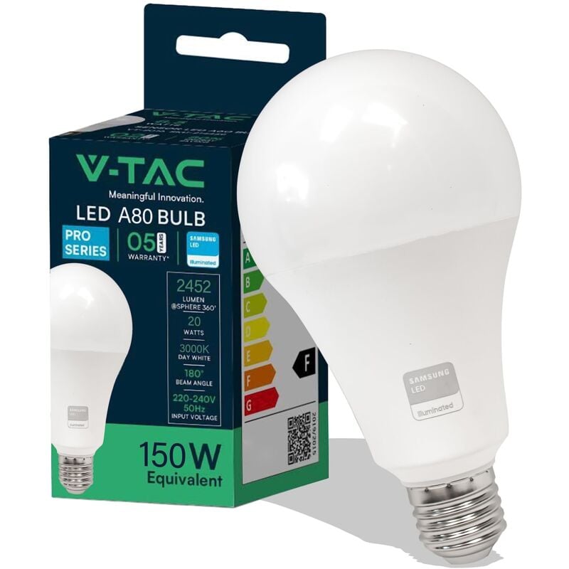 foto del prodotto pro vt 233 lampadina led chip samsung smd lampada 20w e27 120lm w a80 bianco caldo 3000k sku 21237 v tac