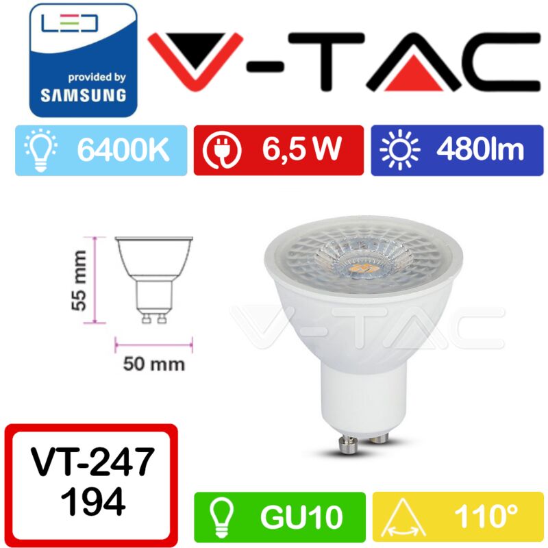 foto del prodotto pro vt 247 faretto led gu10 con chip samsung 6,5w 110 bianco freddo 6400k v tac