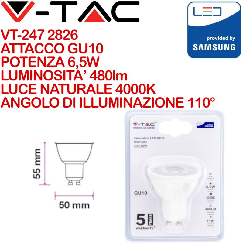 foto del prodotto pro vt 247 faretto led in blister chip samsung gu10 6,5w bianco naturale 4000k v tac
