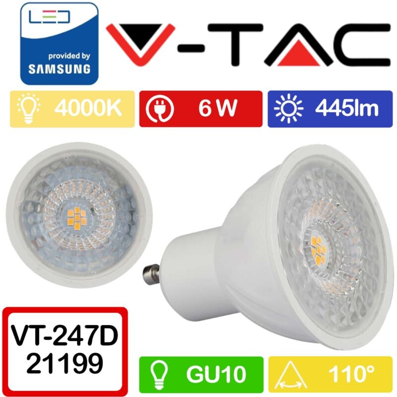 foto del prodotto pro vt 247d faretto led gu10 con chip samsung 6w 110 3000k dimmerabile bianco naturale 4000k v tac