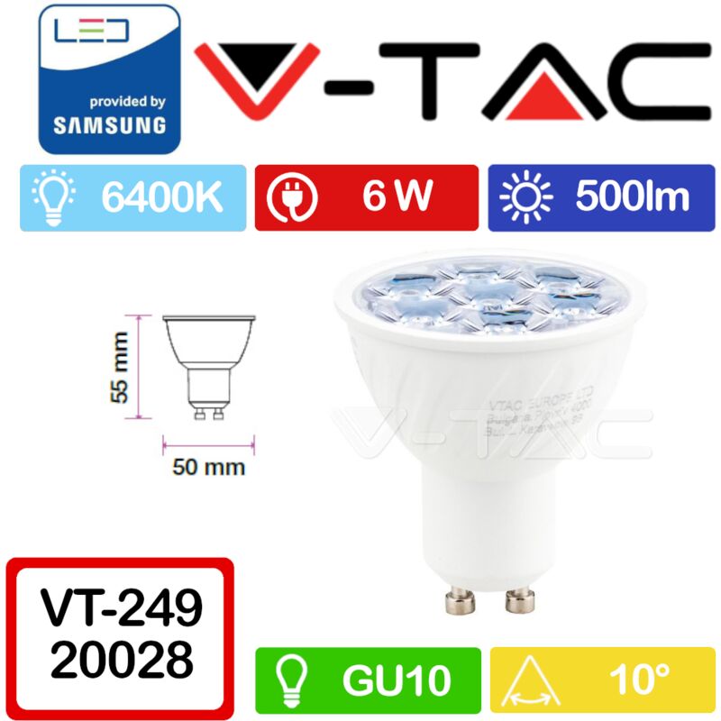 foto del prodotto pro vt 249 faretto led gu10 con chip samsung 6w 10 bianco freddo 6400k v tac