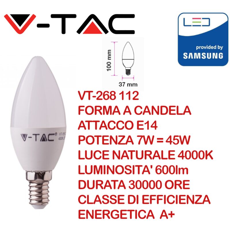 foto del prodotto pro vt 268 lampadina led chip samsung e14 7w candela bianco naturale 4000k v tac