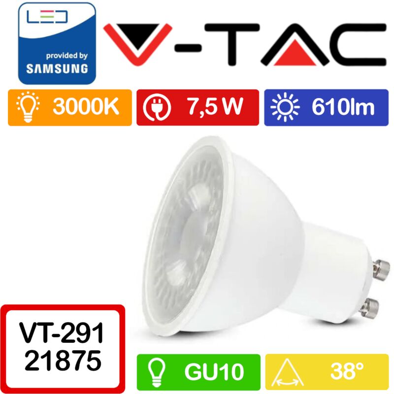 foto del prodotto pro vt 291 faretto led gu10 con chip samsung 7,5w 38 bianco caldo 3000k v tac