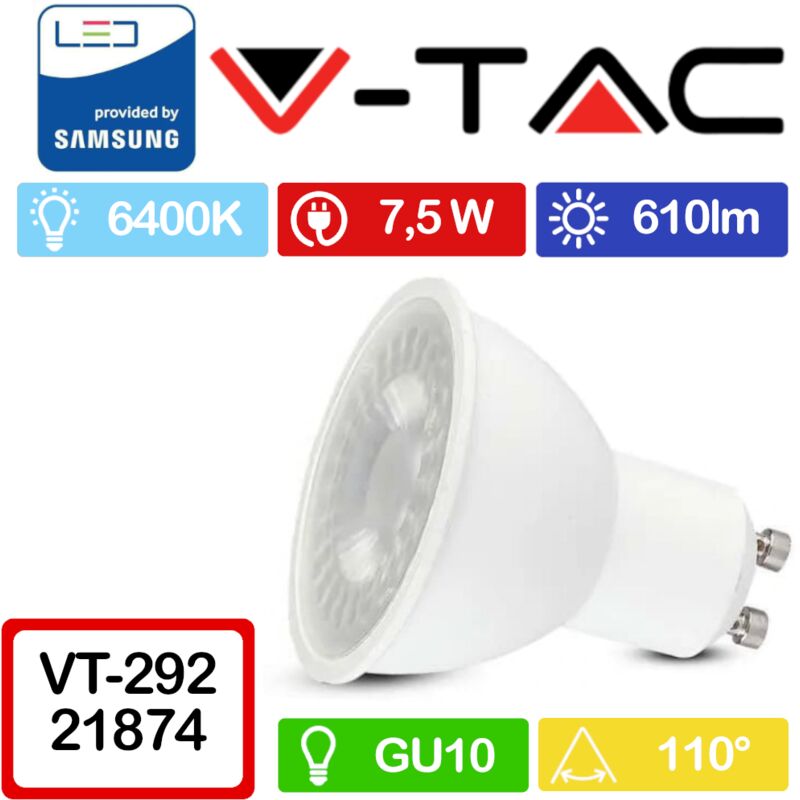 foto del prodotto pro vt 292 faretto led gu10 con chip samsung 7,5w 110 bianco freddo 6400k v tac