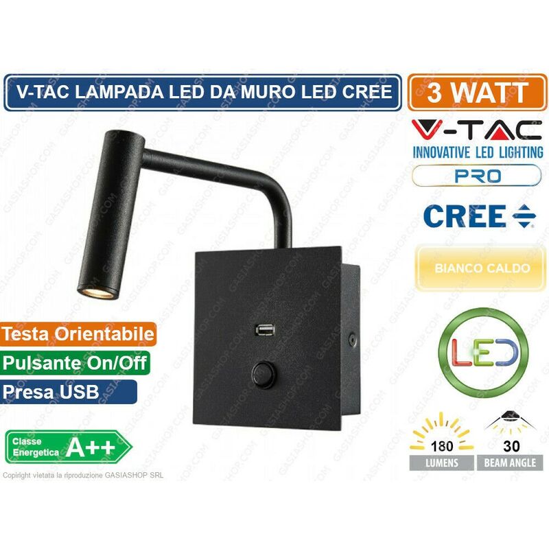 foto del prodotto pro vt 2943 lampada da muro wall light led cree 3w colore nero con usb sku 1487 v tac