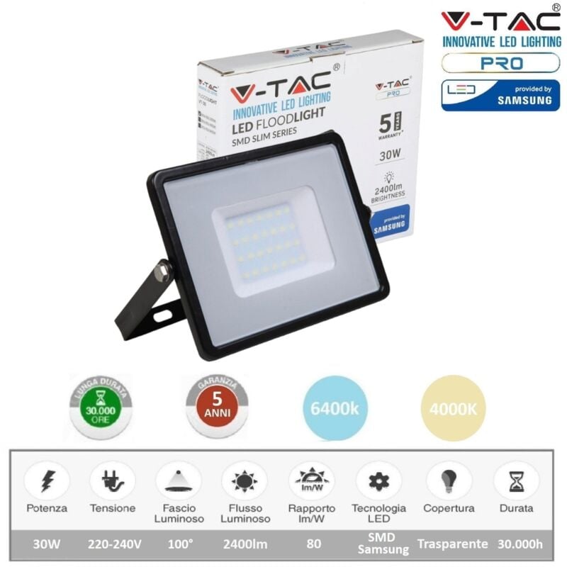 foto del prodotto pro vt 30 faro led 30w ultrasottile slim da esterno proiettore faretto impermeabile ip65 nero luce fredda naturale bianco freddo v tac