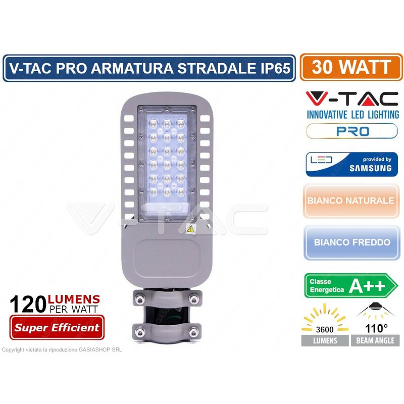 foto del prodotto pro vt 34st lampada stradale led 30w lampione smd chip samsung sku 21956 21957 ip65 colore luce bianco freddo v tac