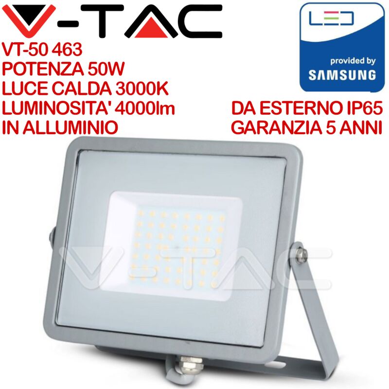 foto del prodotto pro vt 50 faro led smd chip samsung 50w colore grigio ip65 bianco caldo 3000k v tac