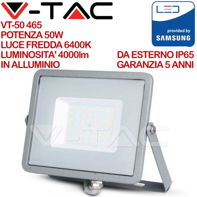 foto del prodotto pro vt 50 faro led smd chip samsung 50w colore grigio ip65 bianco freddo 6400k v tac