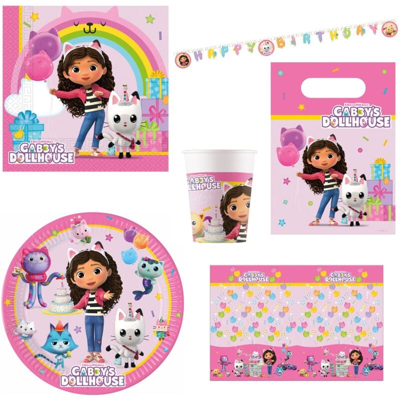 foto del prodotto procos pro10245290dy set da festa xl gabby s dollhouse, set da 46 pezzi, piatti, tovaglia, tazze, tovaglioli, sacchetti, striscione, set da