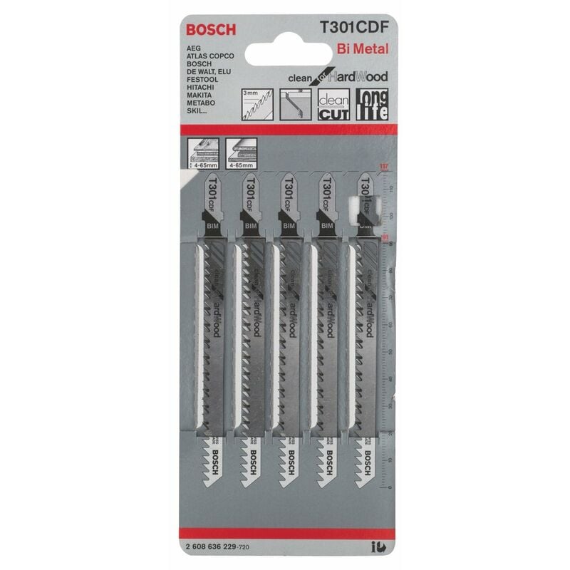 foto del prodotto professional 5 x lame per seghetto alternativo t 301 cdf clean for hard wood per legno duro, straight cut, accessorio seghetto alternativo bosch