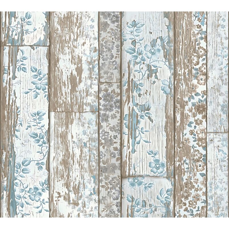 foto del prodotto profhome carta da parati aspetto legno 361191 carta da parati tnt liscia con ornamenti floreali opaca blu marrone 5,33 m2