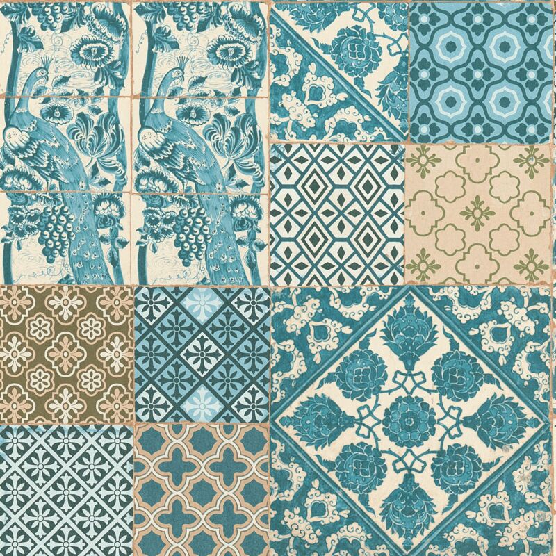 foto del prodotto profhome carta da parati cucina e bagno 369233 carta da parati tnt leggermente strutturata con motivo grafico opaca blu verde marrone 5,33 m2