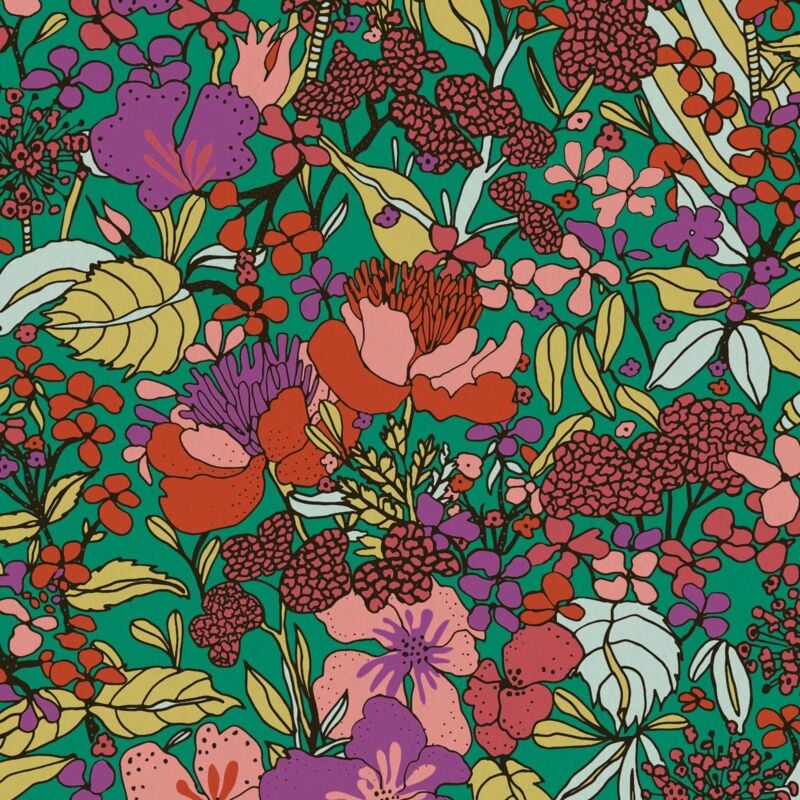 foto del prodotto profhome carta da parati floreale 377561 carta da parati tnt liscia con motivo floreale opaca verde rosso lilla arancio giallastro 5,33 m2