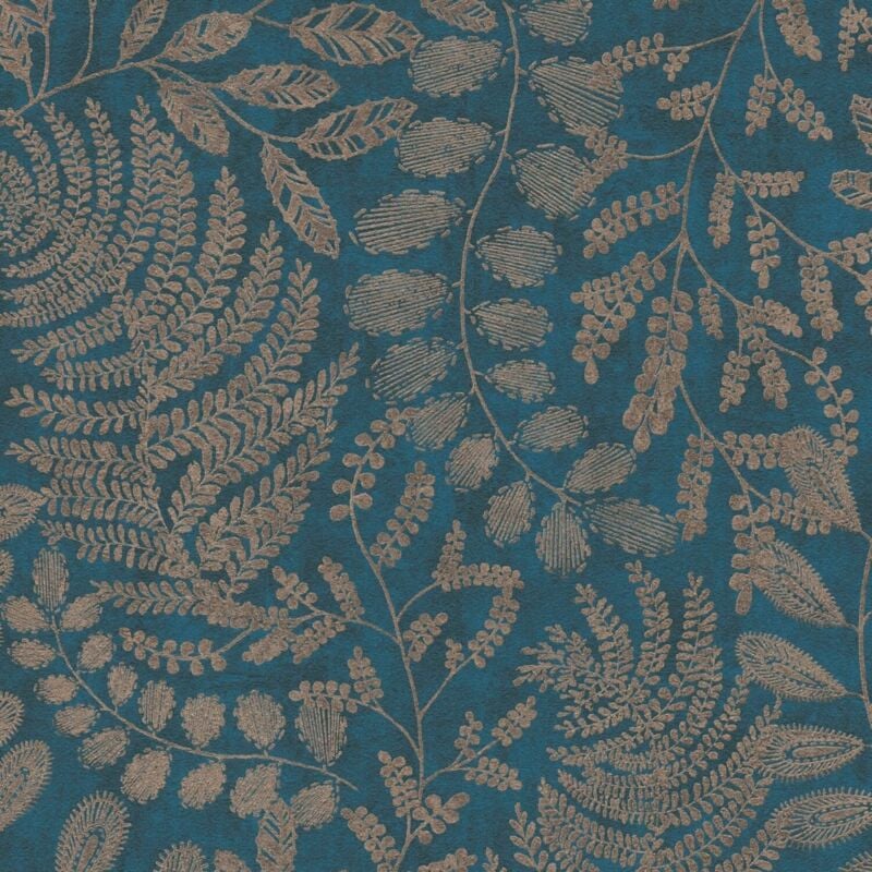 foto del prodotto profhome carta da parati natura 388304 carta da parati tnt liscia con ornamenti floreali opaca blu oro petrolio blu turchese 5,33 m2