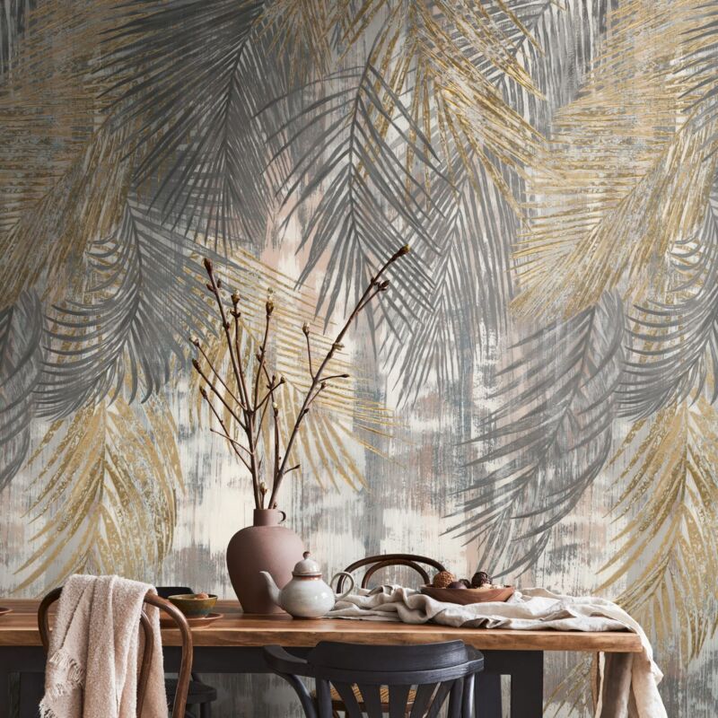foto del prodotto profhome sfondo fotografico 392611 carta da parati tnt goffrata a caldo liscia con palme opaca grigio giallo beige bianco 1,59 m x 2,8 m
