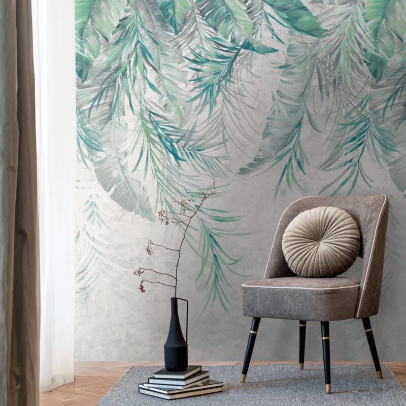 foto del prodotto profhome sfondo fotografico 398191 carta da parati tnt goffrata a caldo liscia con design giungla opaca grigio verde azzurro 1,59 m x 2,8 m